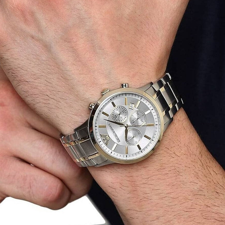 Emporio Armani Men's Watch Stainless Steel Silver & Yellow Gold Tone Strap With Silver Dial AR11076 Renato