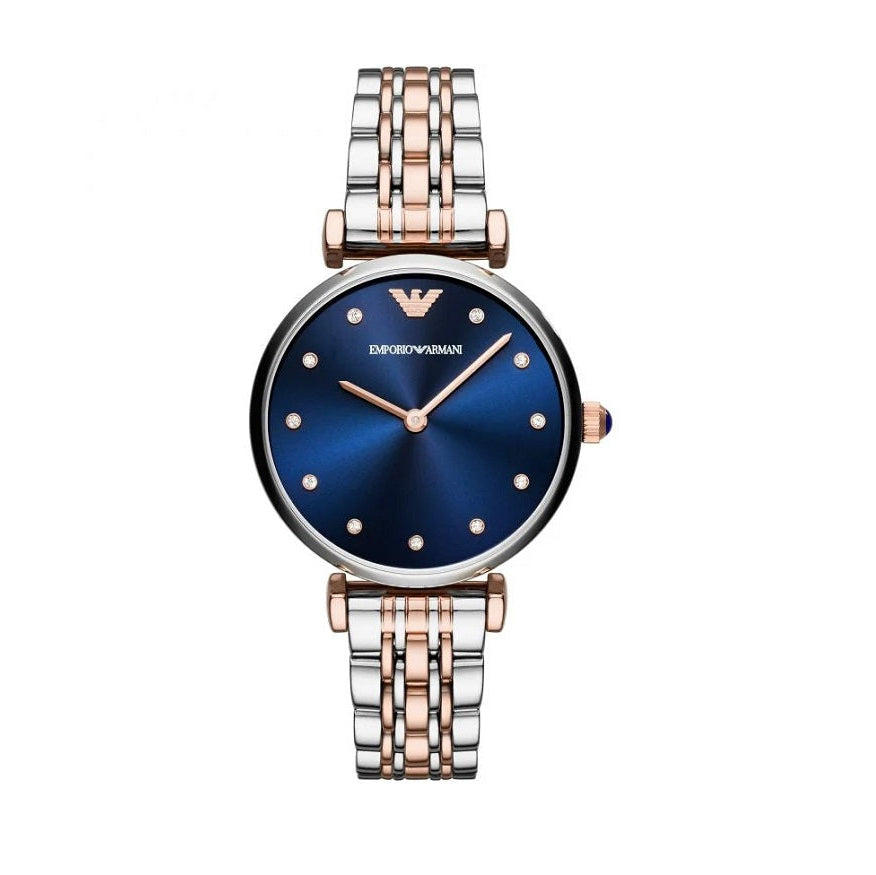 Emporio Armani Women's Watch Stainless Steel Two-Tone Silver & Rose Gold Strap With Blue Dial AR11092 Gianni T-Bar