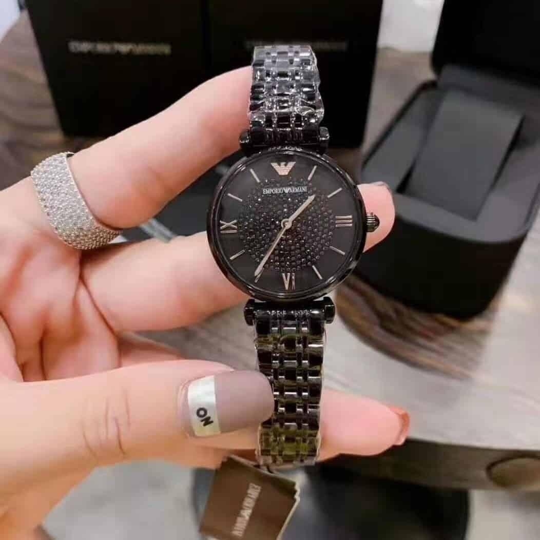Emporio Armani Women's Watch Stainless Steel Black Strap With Pave Crystal Black Dial AR11245 Gianni T-Bar