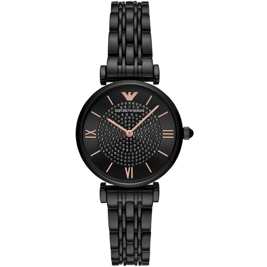Emporio Armani Women's Watch Stainless Steel Black Strap With Pave Crystal Black Dial AR11245 Gianni T-Bar