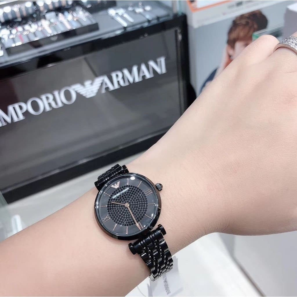 Emporio Armani Women's Watch Stainless Steel Black Strap With Pave Crystal Black Dial AR11245 Gianni T-Bar