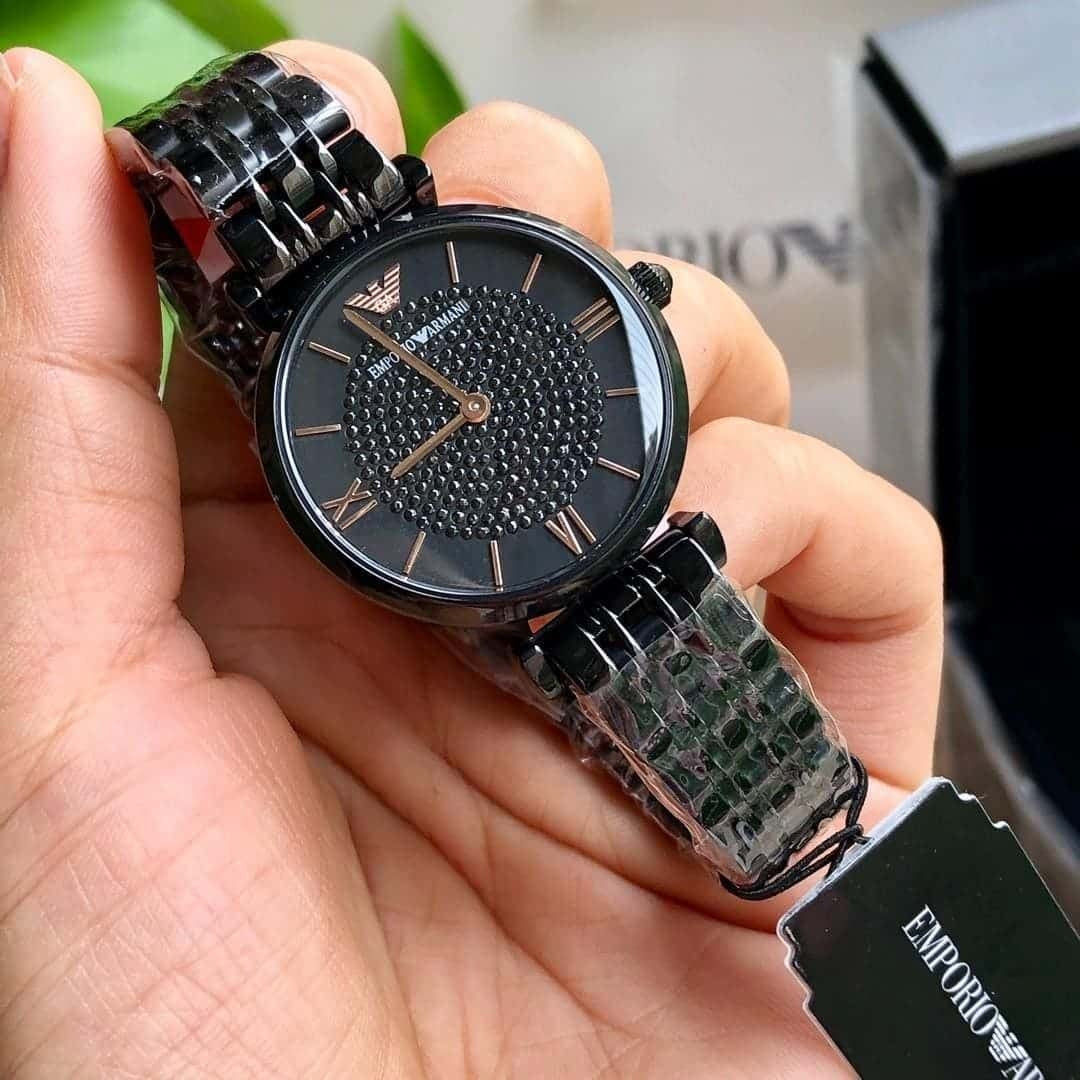 Emporio Armani Women's Watch Stainless Steel Black Strap With Pave Crystal Black Dial AR11245 Gianni T-Bar