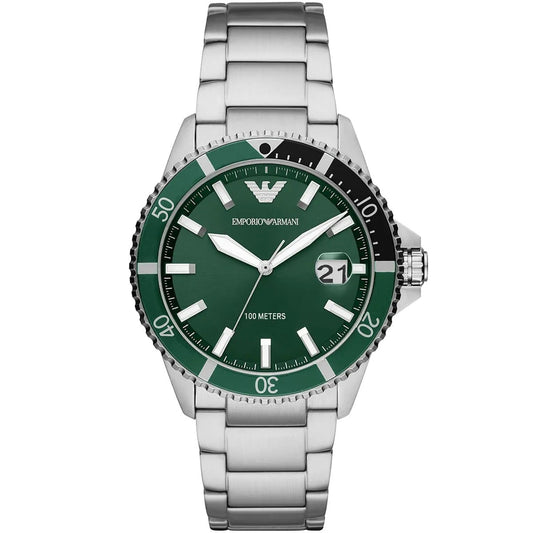 Emporio Armani Men's Watch Stainless Steel Silver Strap & Green Dial AR11338 Diver