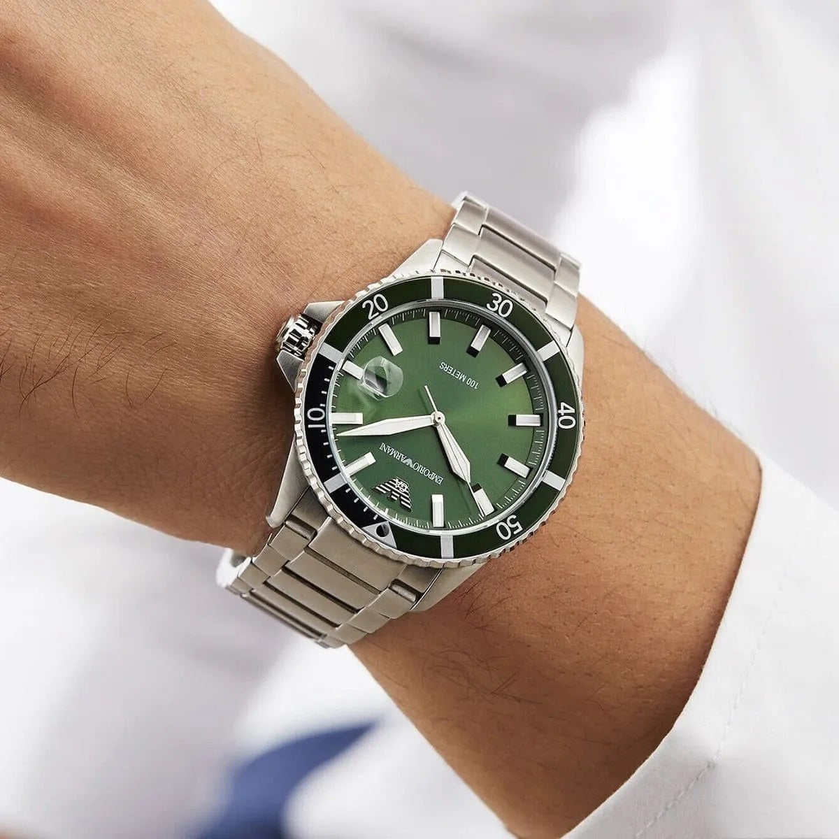 Emporio Armani Men's Watch Stainless Steel Silver Strap & Green Dial AR11338 Diver