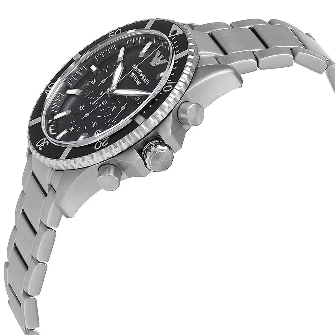 Emporio Armani Men's Watch Stainless Steel Silver Bracelet & Black Dial AR11360 Diver