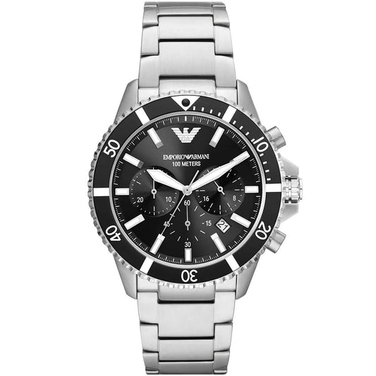 Emporio Armani Men's Watch Stainless Steel Silver Bracelet & Black Dial AR11360 Diver