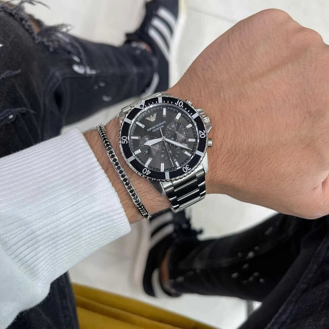 Emporio Armani Men's Watch Stainless Steel Silver Bracelet & Black Dial AR11360 Diver