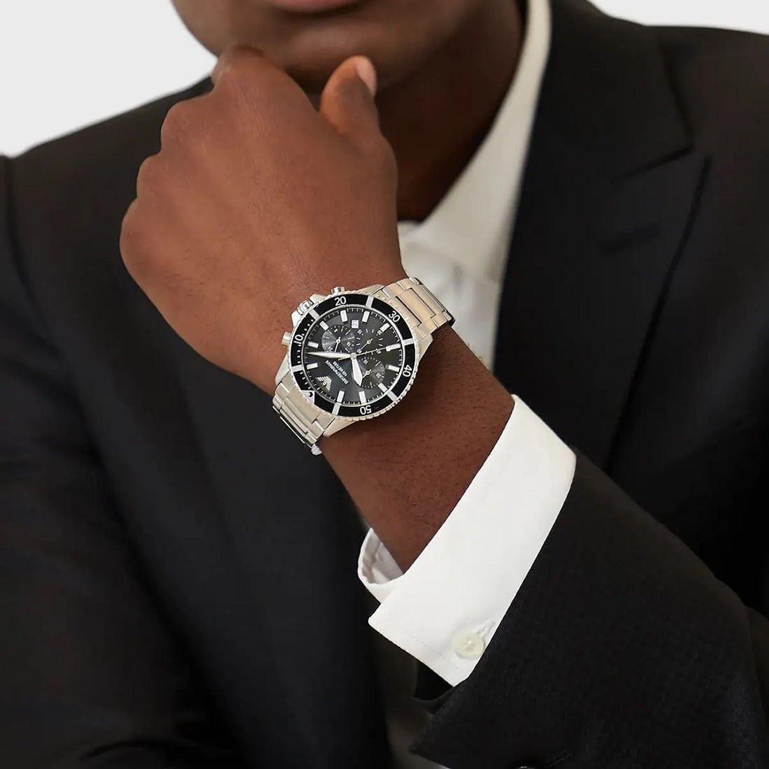 Emporio Armani Men's Watch Stainless Steel Silver Bracelet & Black Dial AR11360 Diver