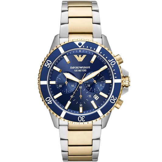 Emporio Armani Men's Watch Stainless Steel Silver & Yellow Gold Strap With Blue Dial AR11362 Diver