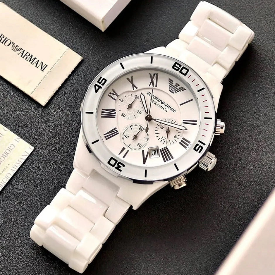 Emporio Armani Men’s Watch Ceramic White Strap With White Dial AR1424 Leo