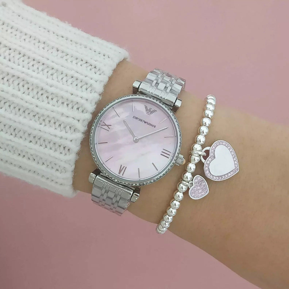 Emporio Armani Women's Watch Stainless Steel Silver Strap With Pink Dial AR1779 Gianni T-Bar