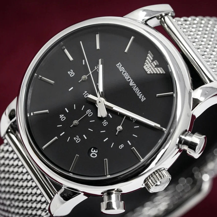 Emporio Armani Men's Watch Stainless Steel Silver Mesh Strap With Black Dial AR1808 Luigi