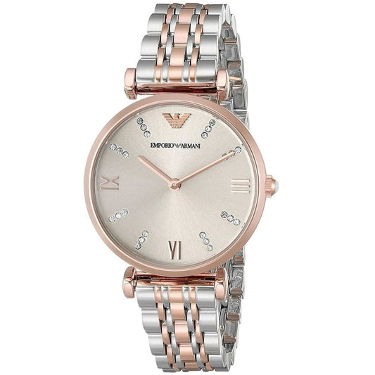 Emporio Armani Women's Watch Stainless Steel Two-Tone Silver & Rose Gold Strap With Grey Dial AR1840 Gianni T-Bar