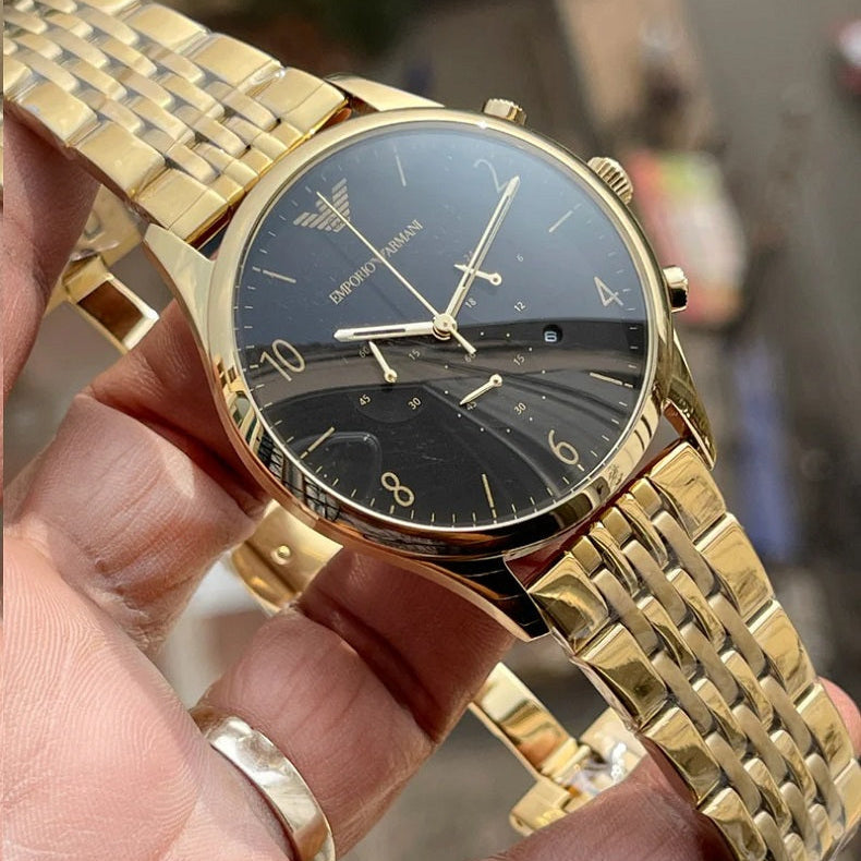 Emporio Armani Men’s Watch Stainless Steel Gold Strap With Black Dial AR1893