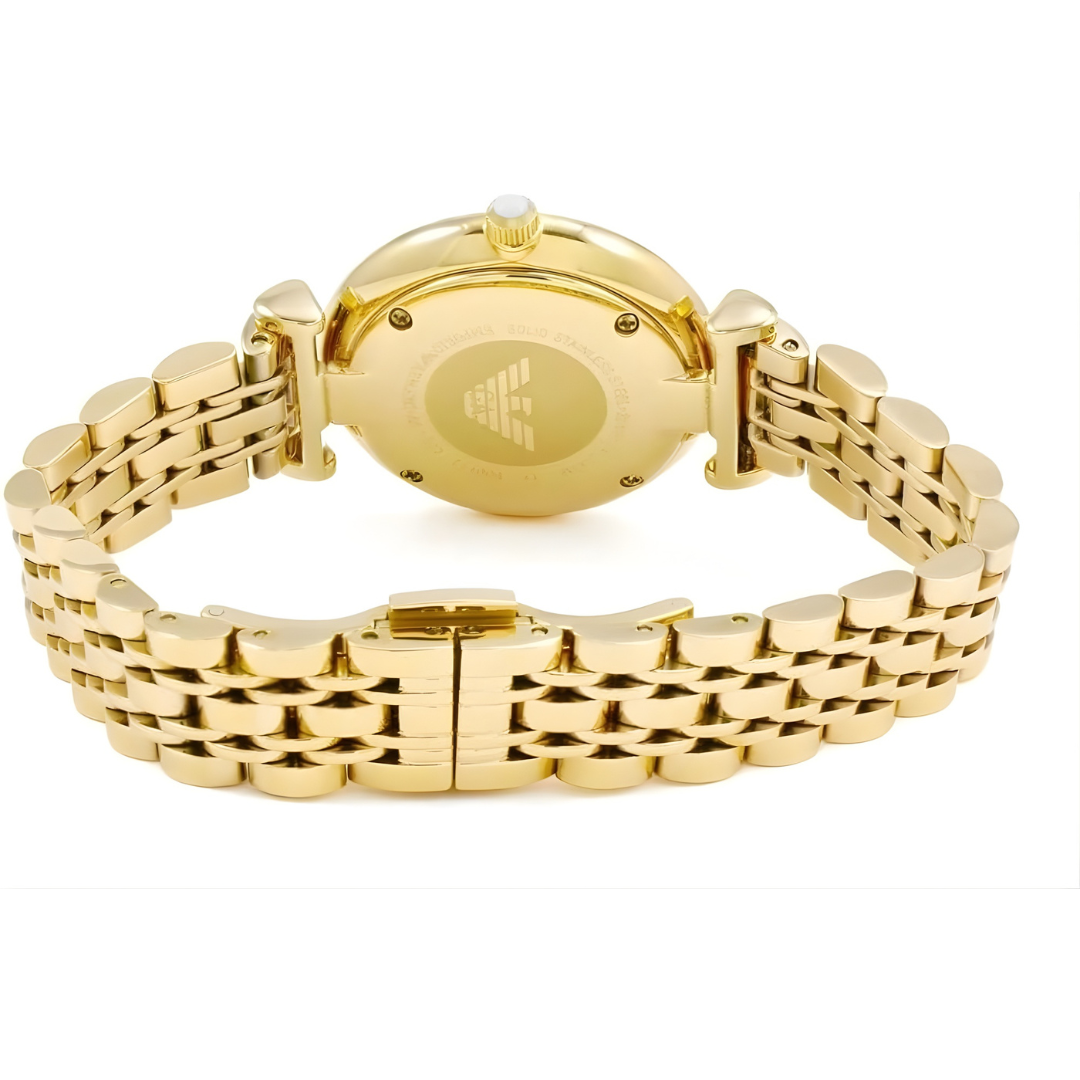 Emporio Armani Women’s Watch Stainless Steel Gold Strap With Mother of Pearl Dial AR1907 Gianni T-Bar