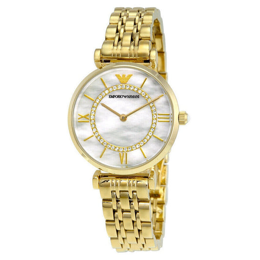 Emporio Armani Women’s Watch Stainless Steel Gold Strap With Mother of Pearl Dial AR1907 Gianni T-Bar