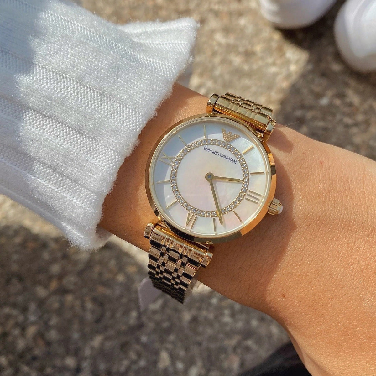 Emporio Armani Women’s Watch Stainless Steel Gold Strap With Mother of Pearl Dial AR1907 Gianni T-Bar