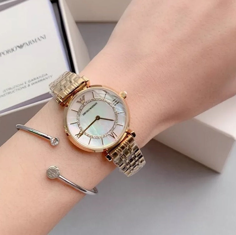 Emporio Armani Women’s Watch Stainless Steel Gold Strap With Mother of Pearl Dial AR1907 Gianni T-Bar