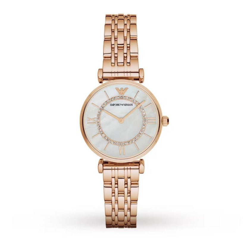 Emporio Armani Women’s Watch Stainless Steel Rose Gold Strap With Mother of Pearl Dial AR1909 Gianni T-Bar
