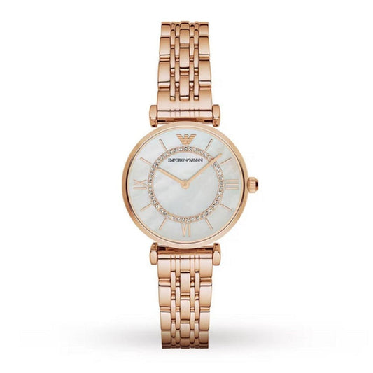 Emporio Armani Women’s Watch Stainless Steel Rose Gold Strap With Mother of Pearl Dial AR1909 Gianni T-Bar