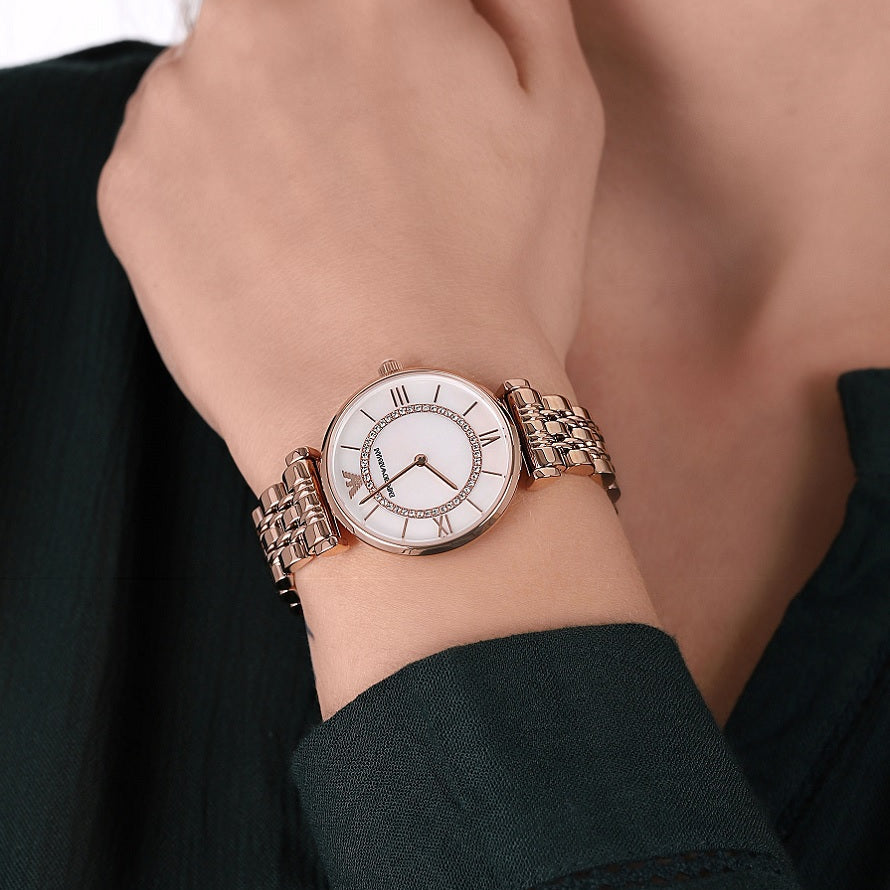 Emporio Armani Women’s Watch Stainless Steel Rose Gold Strap With Mother of Pearl Dial AR1909 Gianni T-Bar