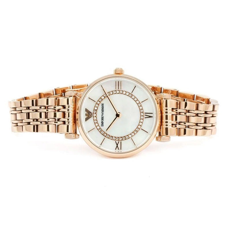 Emporio Armani Women’s Watch Stainless Steel Rose Gold Strap With Mother of Pearl Dial AR1909 Gianni T-Bar