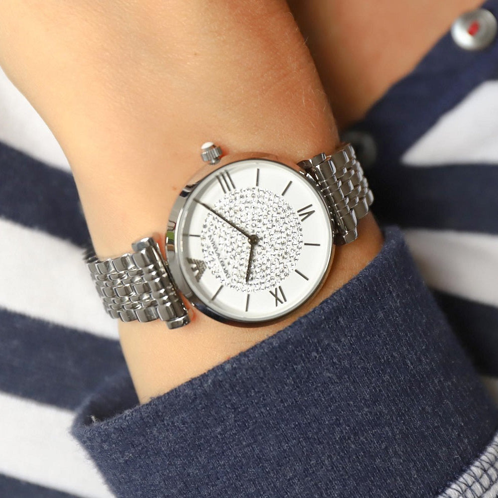 Emporio Armani Women’s Watch Stainless Steel Silver Strap With Crystal Pave White Dial AR1925 Gianni T-Bar