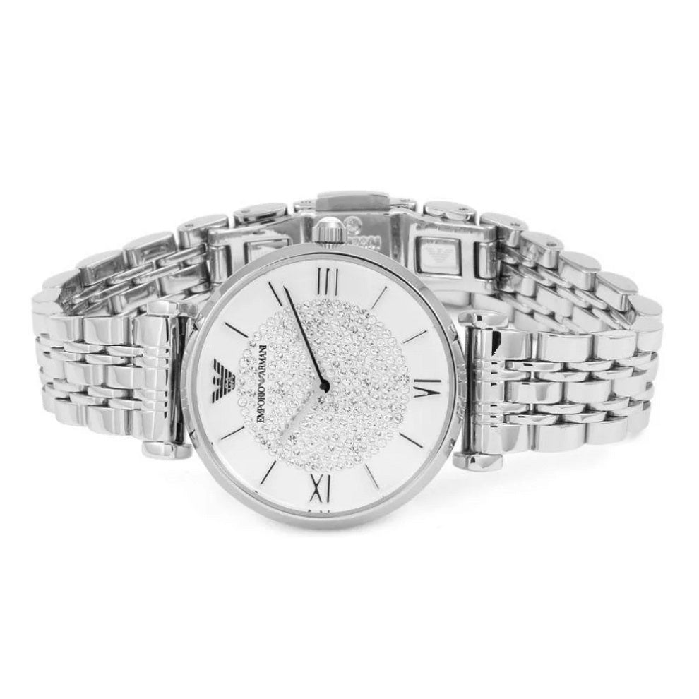 Emporio Armani Women’s Watch Stainless Steel Silver Strap With Crystal Pave White Dial AR1925 Gianni T-Bar