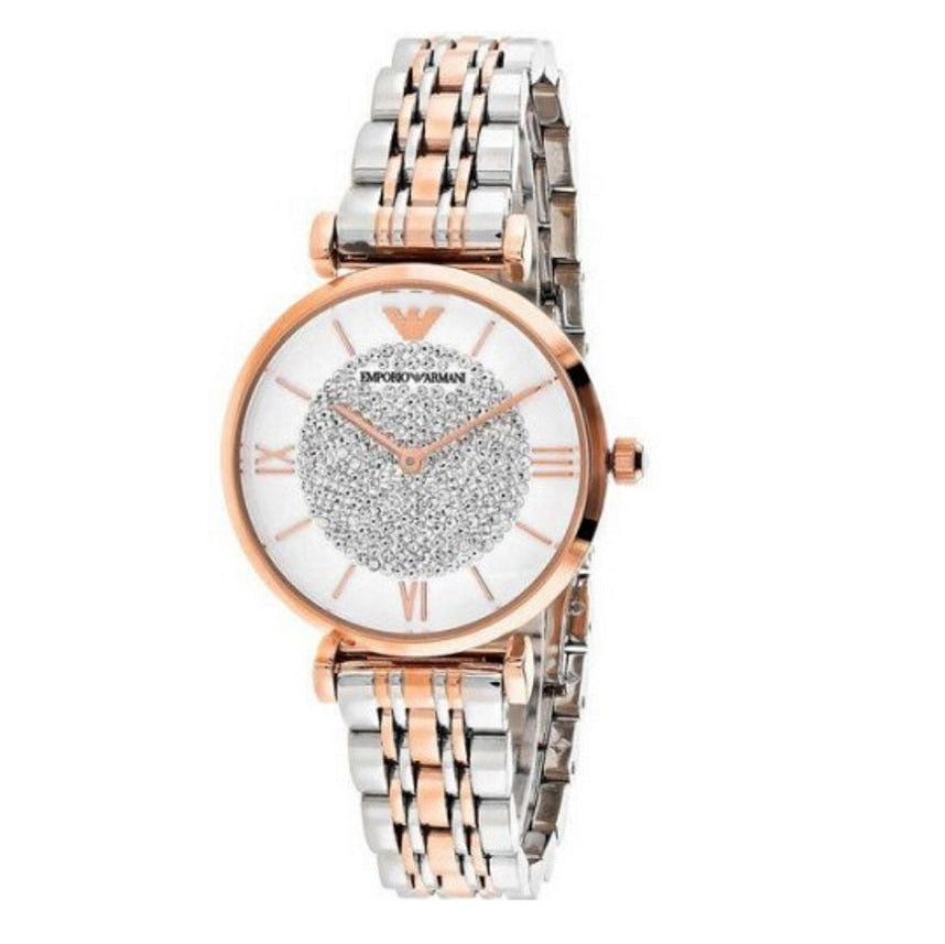 Emporio Armani Women’s Watch Stainless Steel Two Tone Strap & Crystal Pave White Dial AR1926 Gianni T-Bar