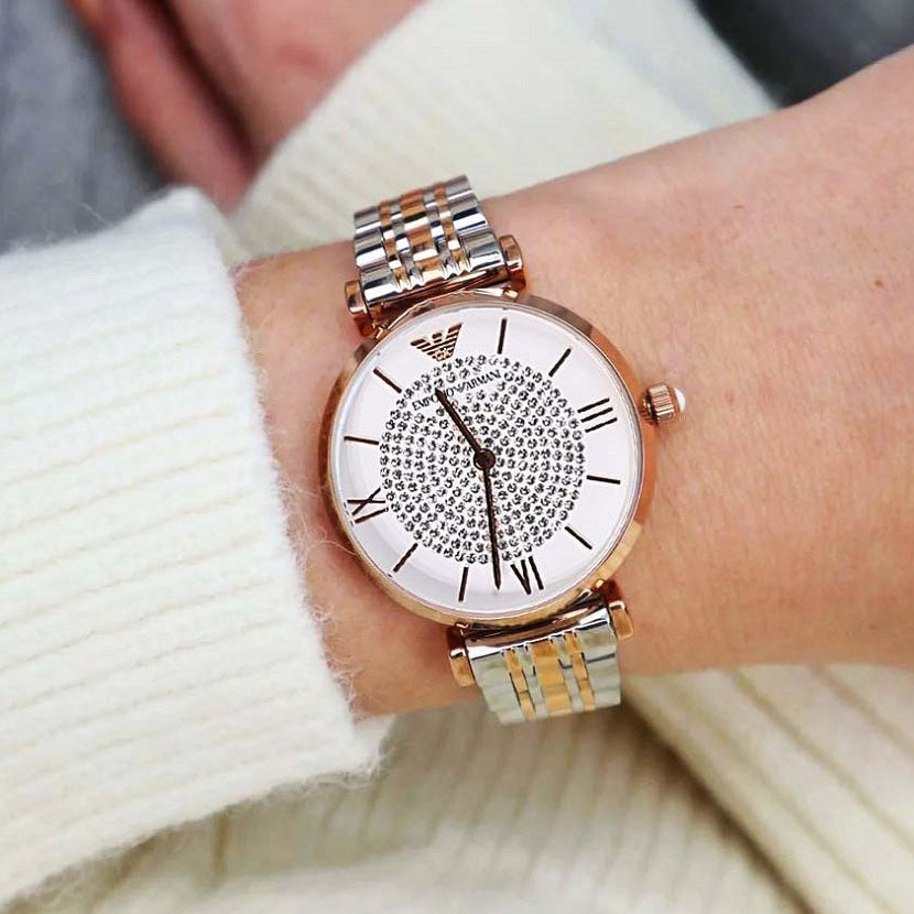 Emporio Armani Women’s Watch Stainless Steel Two Tone Strap & Crystal Pave White Dial AR1926 Gianni T-Bar