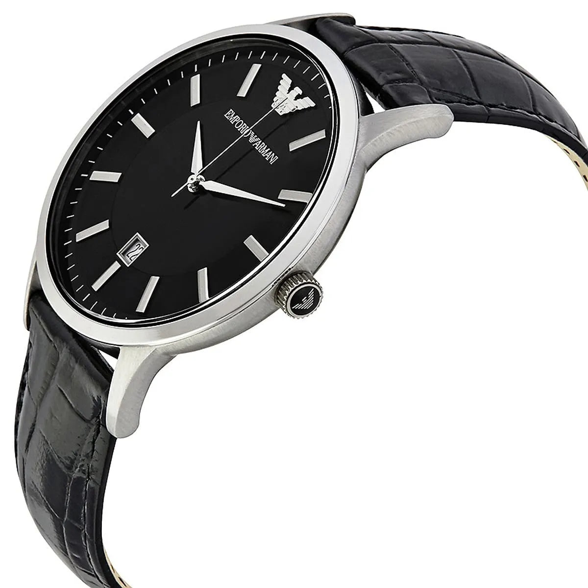 Emporio Armani Men’s Watch Leather Black Strap With Black Dial And Silver Case AR2411 Renato