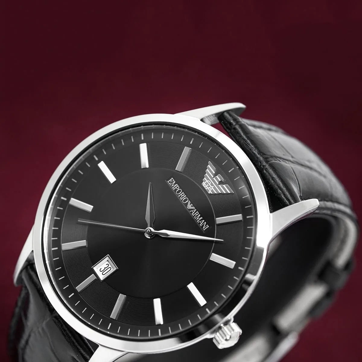 Emporio Armani Men’s Watch Leather Black Strap With Black Dial And Silver Case AR2411 Renato