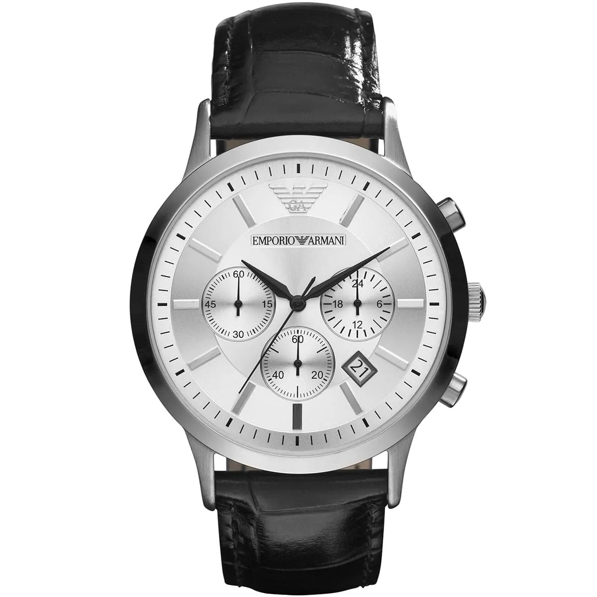 Emporio Armani Men’s Watch Leather Black Strap With Silver Dial AR2432 Renato