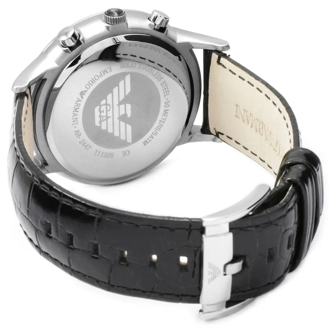 Emporio Armani Men’s Watch Leather Black Strap With Black Dial And Silver Case AR2447 Renato