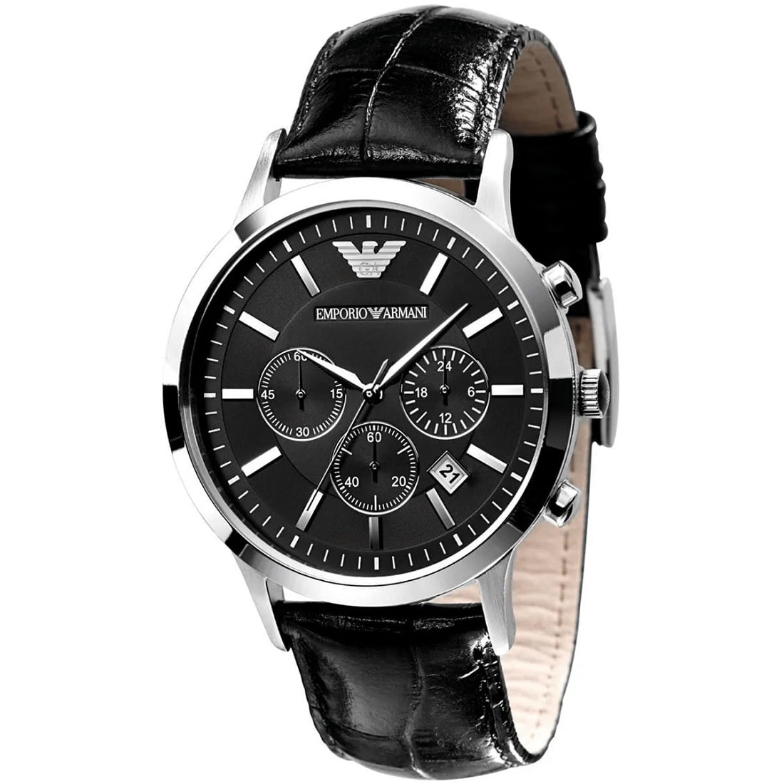 Emporio Armani Men’s Watch Leather Black Strap With Black Dial And Silver Case AR2447 Renato