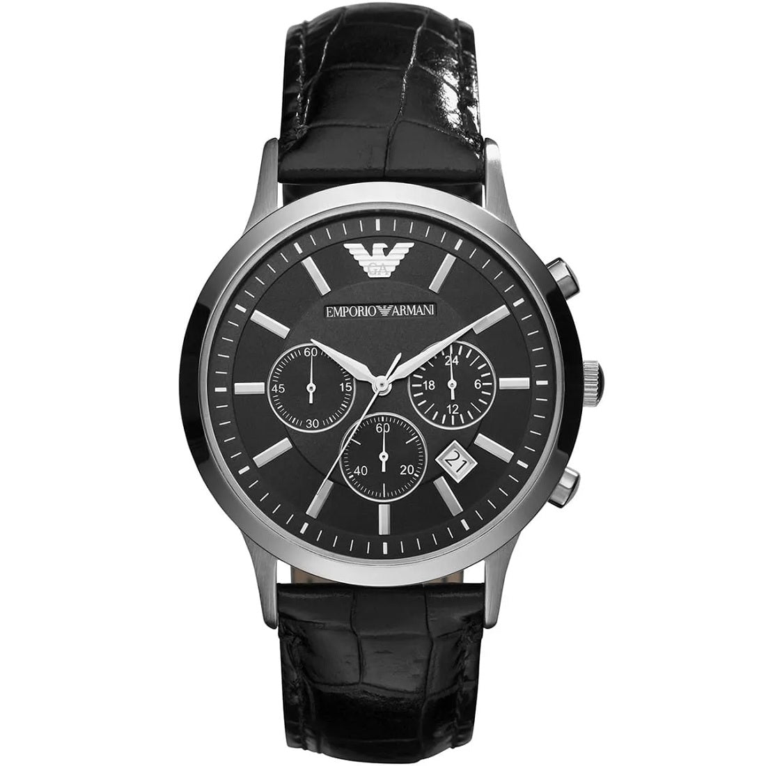 Emporio Armani Men’s Watch Leather Black Strap With Black Dial And Silver Case AR2447 Renato