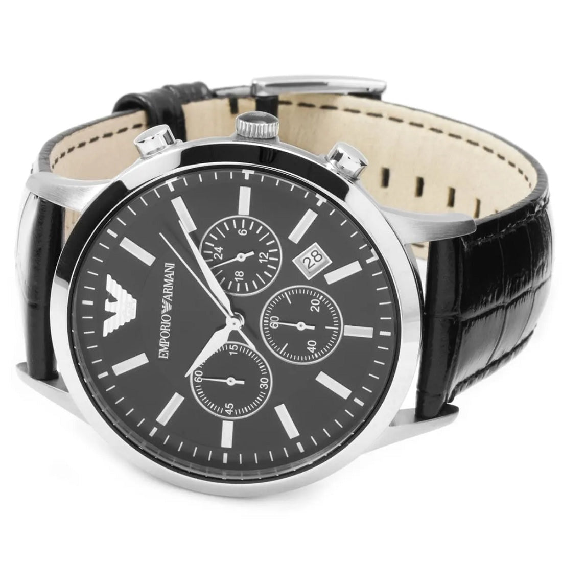 Emporio Armani Men’s Watch Leather Black Strap With Black Dial And Silver Case AR2447 Renato