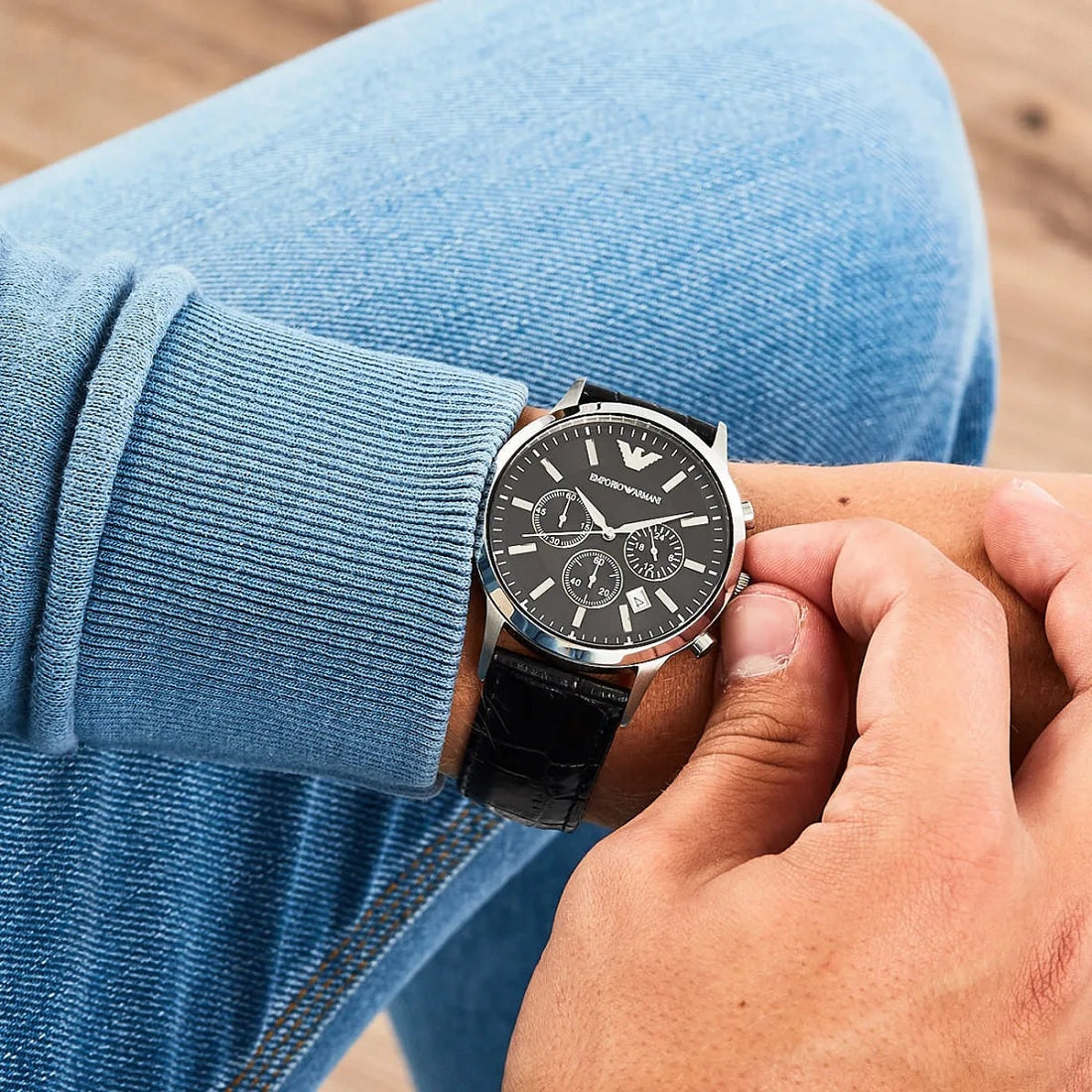 Emporio Armani Men’s Watch Leather Black Strap With Black Dial And Silver Case AR2447 Renato