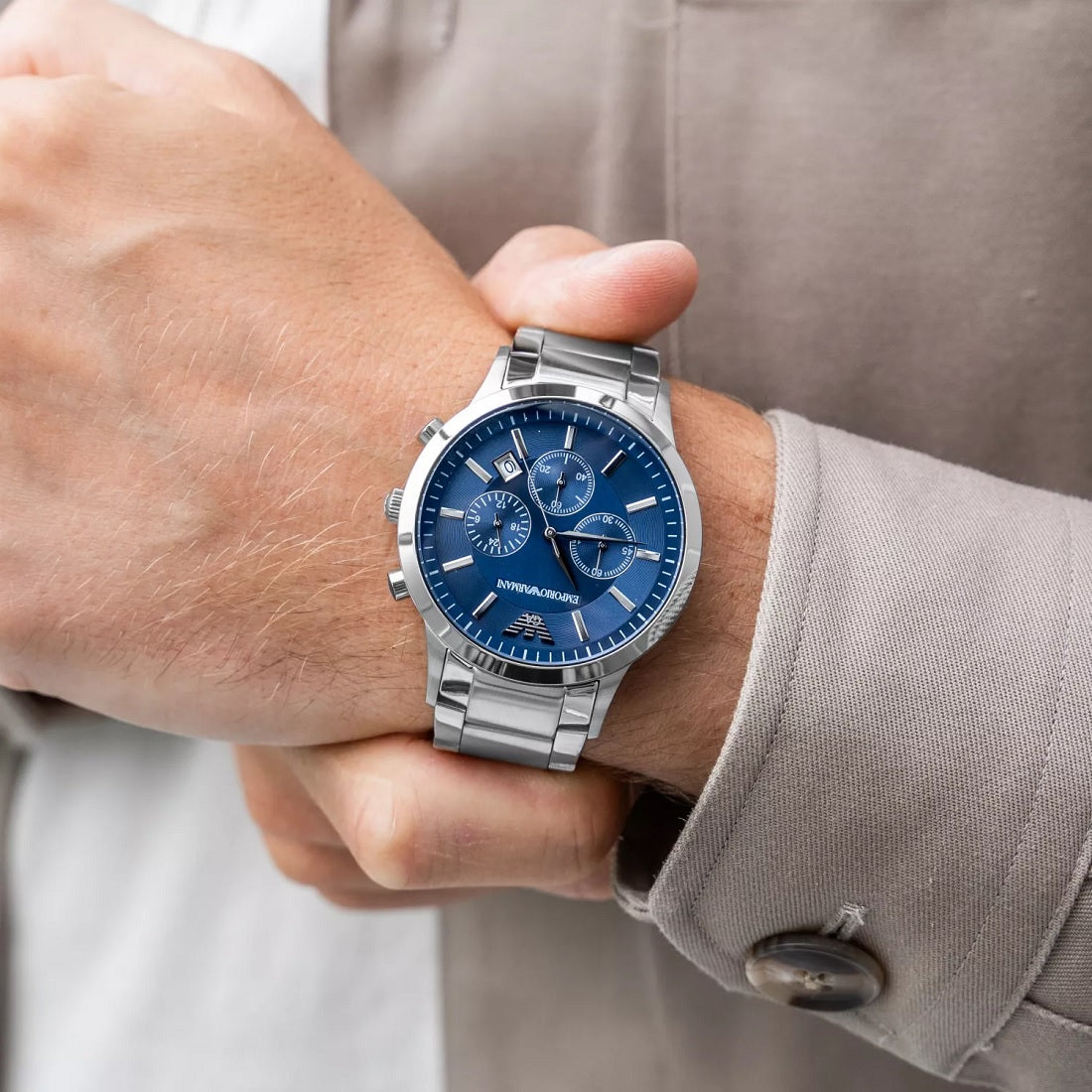 Emporio Armani Men’s Watch Stainless Steel Silver Strap With Blue Dial AR2448 Renato