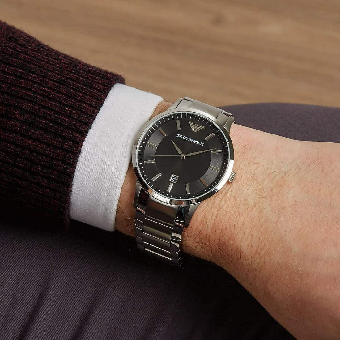 Emporio Armani Men’s Watch Stainless Steel Silver Strap With Black Dial AR2457 Renato