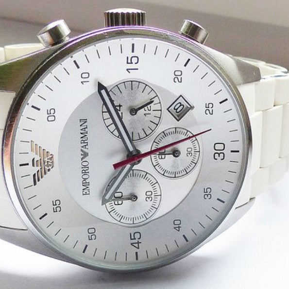 Emporio Armani Men’s Watch Silicone White Strap With White Dial And Silver Case AR5859 Sportivo