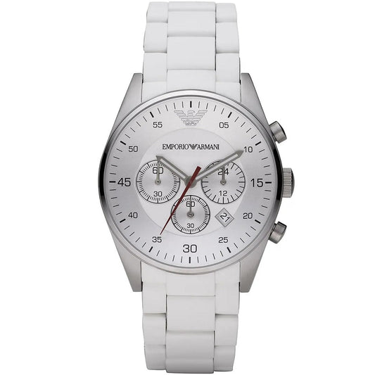 Emporio Armani Men’s Watch Silicone White Strap With White Dial And Silver Case AR5859 Sportivo
