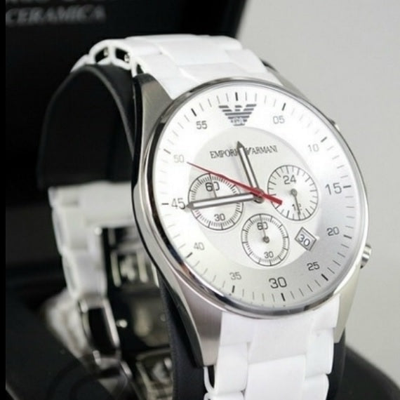 Emporio Armani Men’s Watch Silicone White Strap With White Dial And Silver Case AR5859 Sportivo