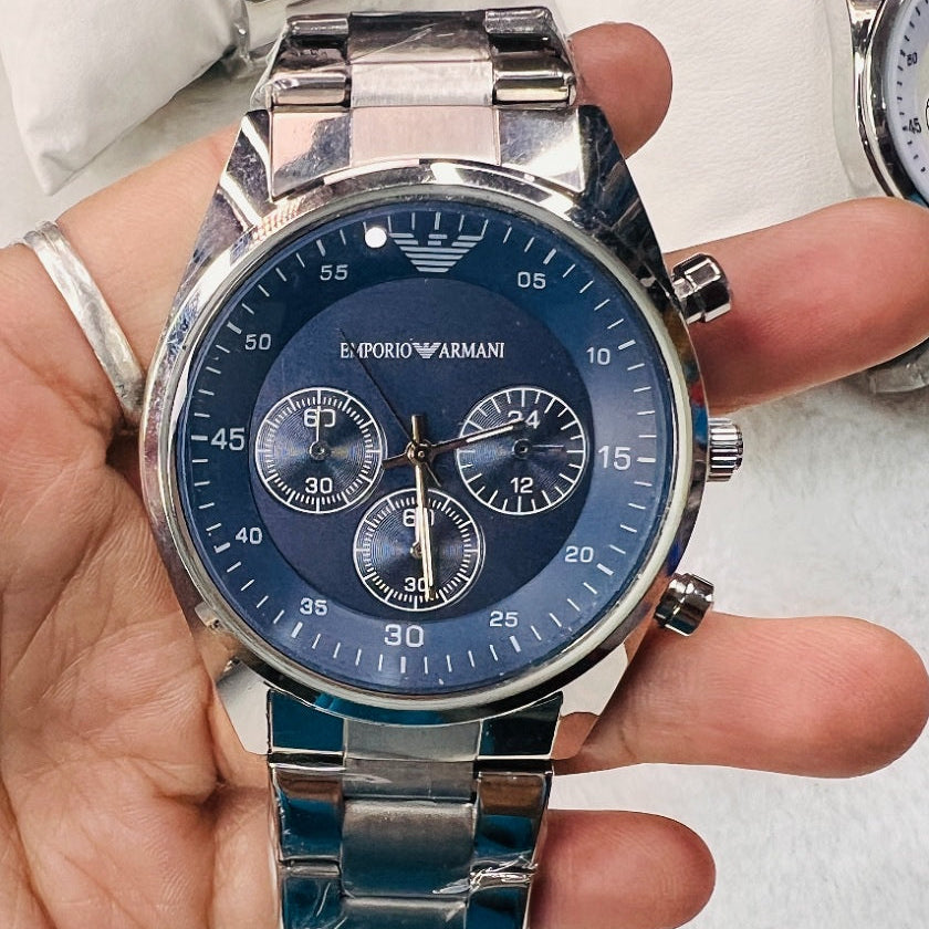 Emporio Armani Men’s Watch Stainless Steel Silver Strap With Blue Dial And Silver Case AR5860 Retro
