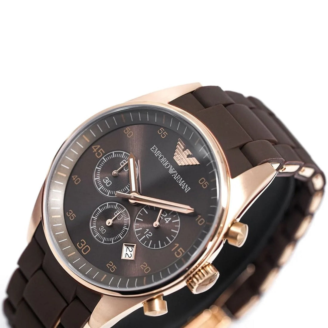 Emporio Armani Men’s Watch Silicone Brown Strap With Brown Dial And Rose Gold Case AR5890 Sportivo