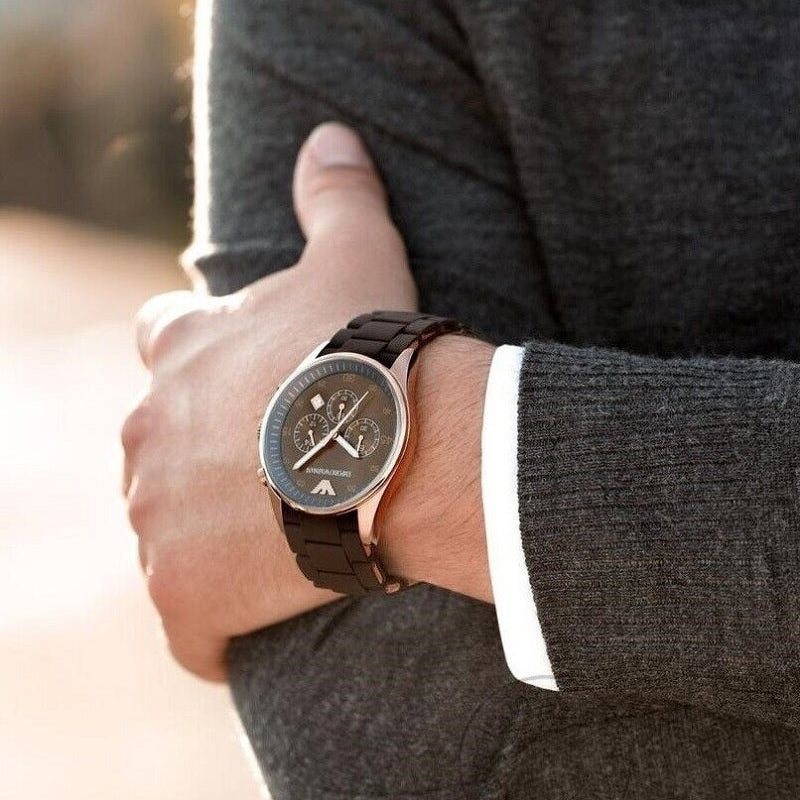 Emporio Armani Men’s Watch Silicone Brown Strap With Brown Dial And Rose Gold Case AR5890 Sportivo