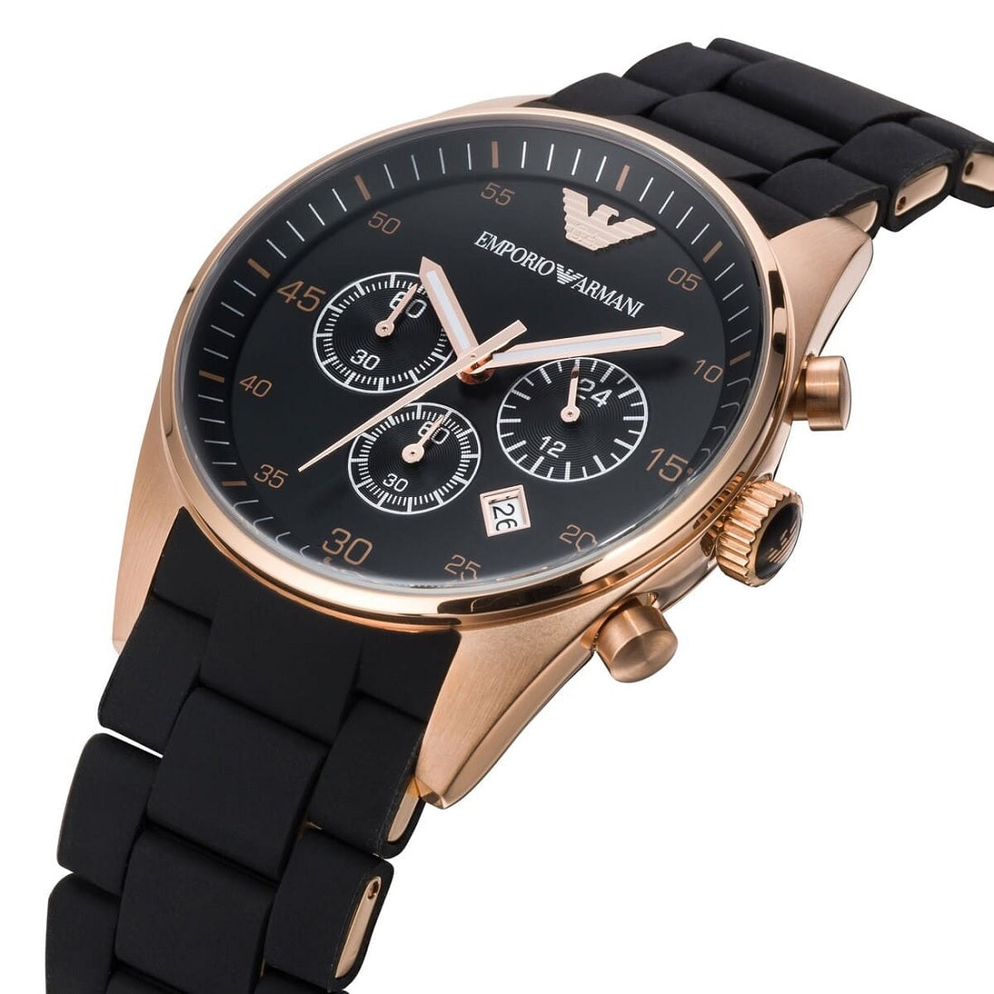 Emporio Armani Men's Watch Silicone Black Strap With Black Dial And Rose Gold Case AR5905 Sportivo