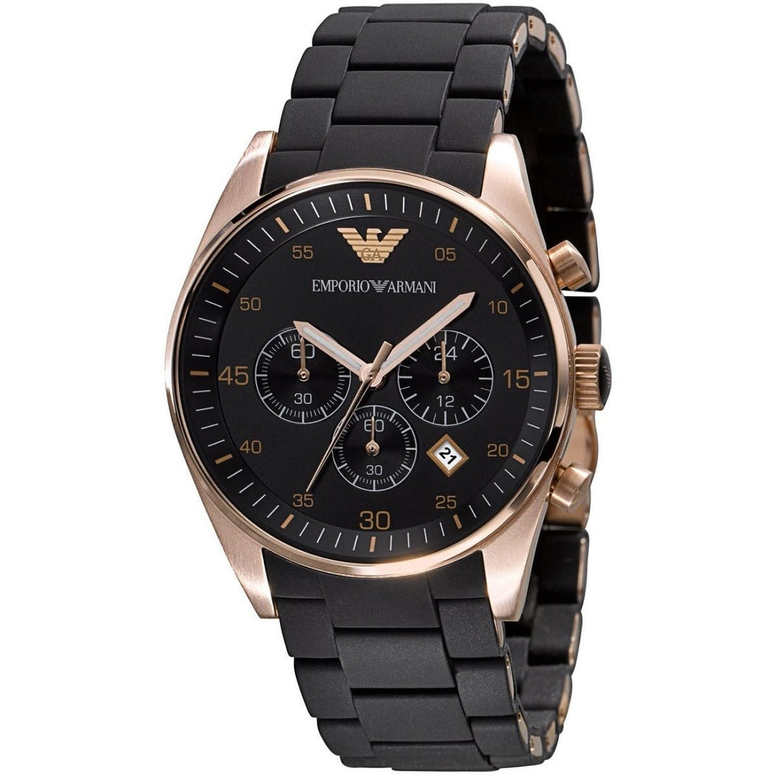 Emporio Armani Men's Watch Silicone Black Strap With Black Dial And Rose Gold Case AR5905 Sportivo