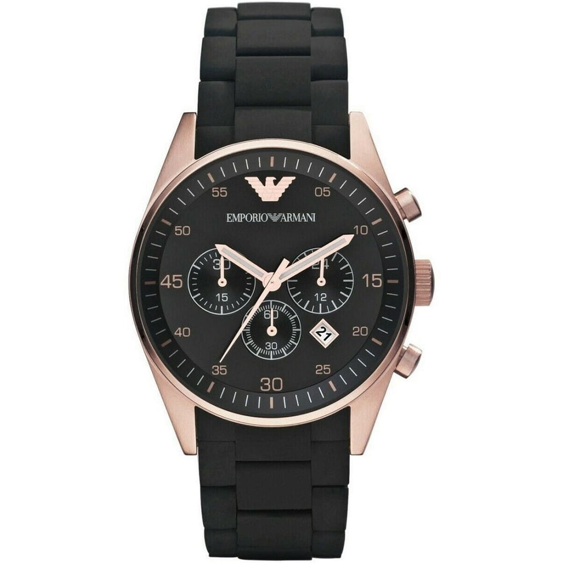 Emporio Armani Men's Watch Silicone Black Strap With Black Dial And Rose Gold Case AR5905 Sportivo