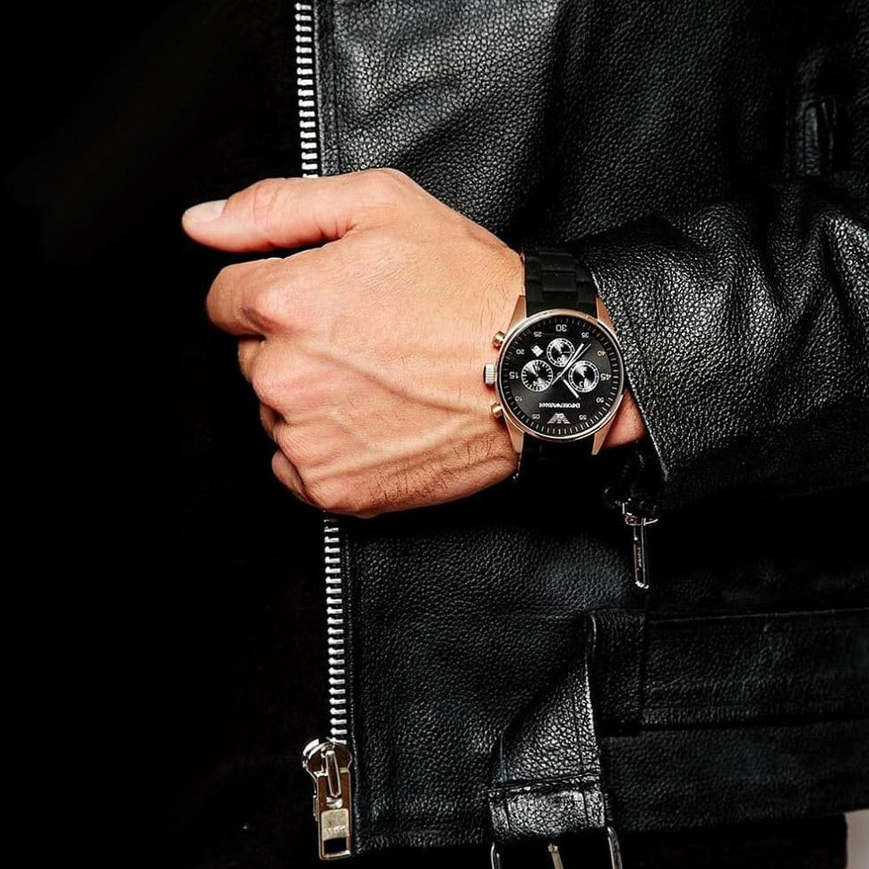 Emporio Armani Men's Watch Silicone Black Strap With Black Dial And Rose Gold Case AR5905 Sportivo